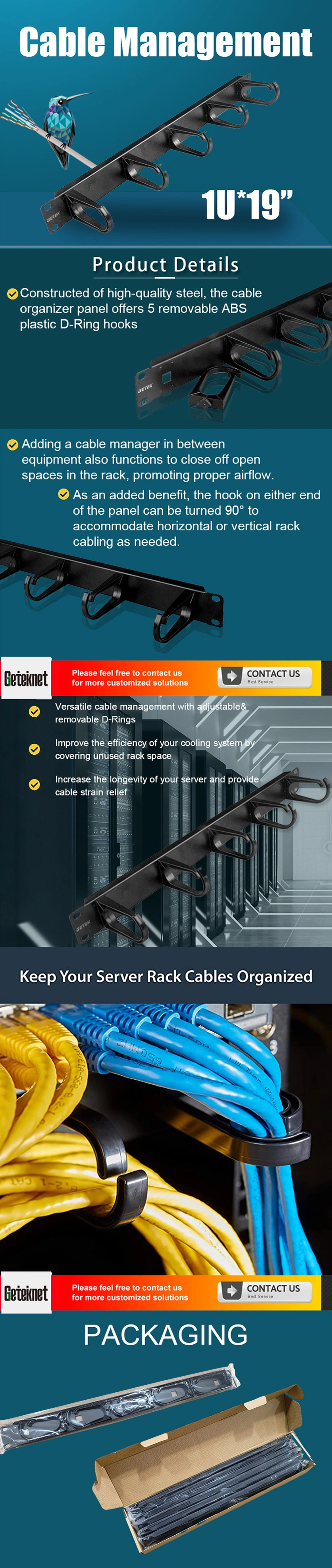 Gcabling Wire Management System 1u*19&prime;&prime; with 5 Plastic Rings