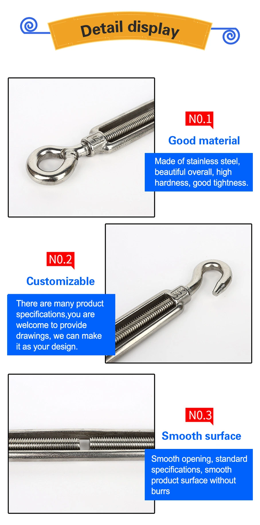 Stainless Steel Hook and Eye Rope Cable Tension Set Turnbuckle Wire Tensioner