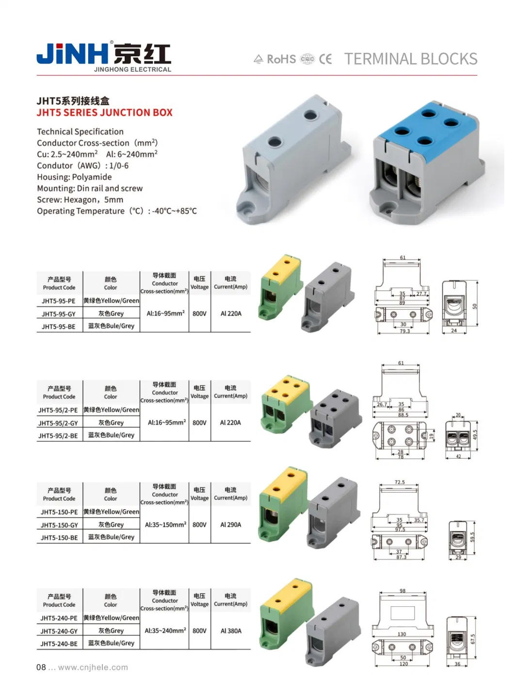 Electrical Jht5 Wire Termination Distribution Junction Box Connector Tb Terminal Block