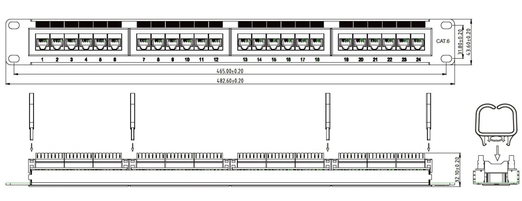 UTP CAT6 Patch Panel 24 Port Outlet 180&deg; Rack Ethernet Network Patch Panel 19 Inch Server Rack