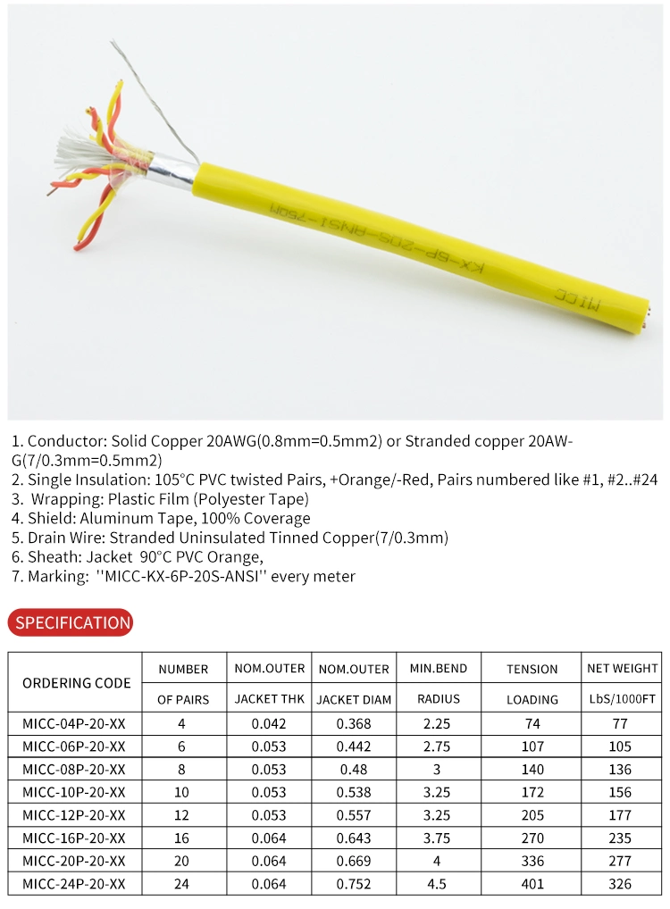 Micc Thermocouple Wire Kx 6p Muliti Pairs Instrument Cable with Aluminum Tape, 100% Coverage Shield