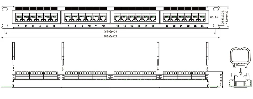 UTP Cat5e 19 Inch Patch Panel 24 Port Outlet 180&deg; Ethernet Network Patch Panel Server Rack