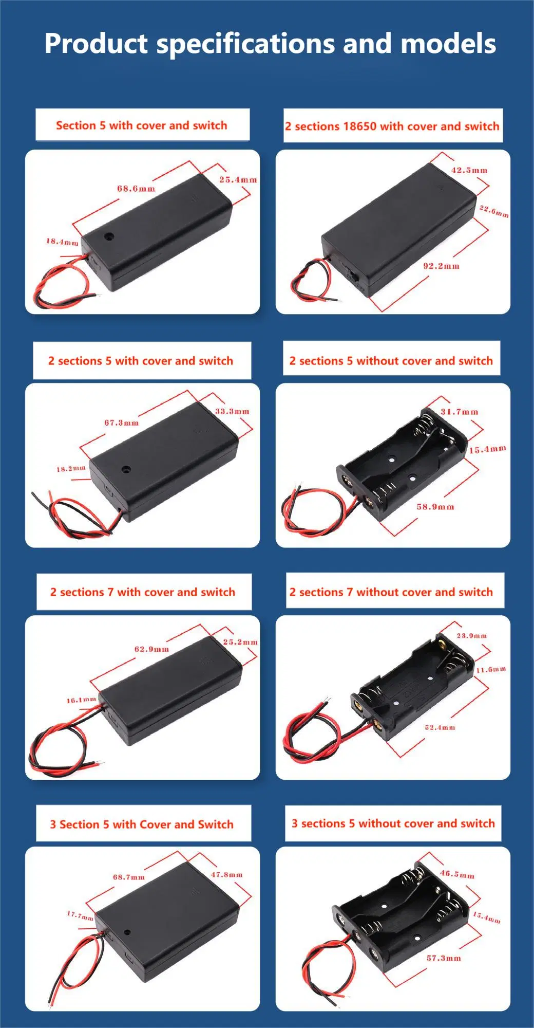 Battery Holder with Switch for 5 AA Batteries, Compatible with 18650 Battery, 1/2/37/4/6/8 Section, No Soldering Required for Series Connection, Output Voltage
