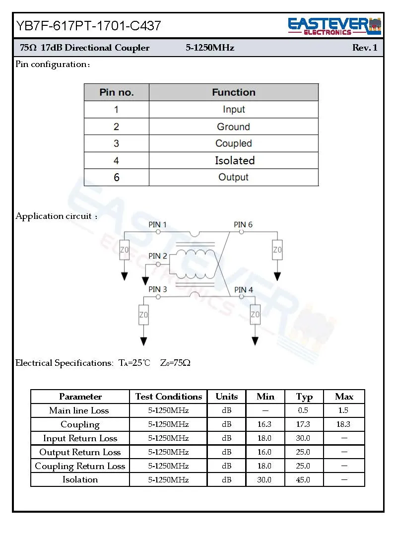 75ohm 17dB RF Directional Couplers for Broadband and Wireless Communications CATV Yb7f-617PT-1701-C437