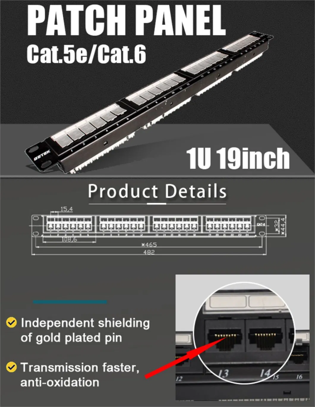 Gcabling Factory 24 Port Cat5e Cat 6 CAT6 UTP Patch Panel Rack 24 Port Patch Panel