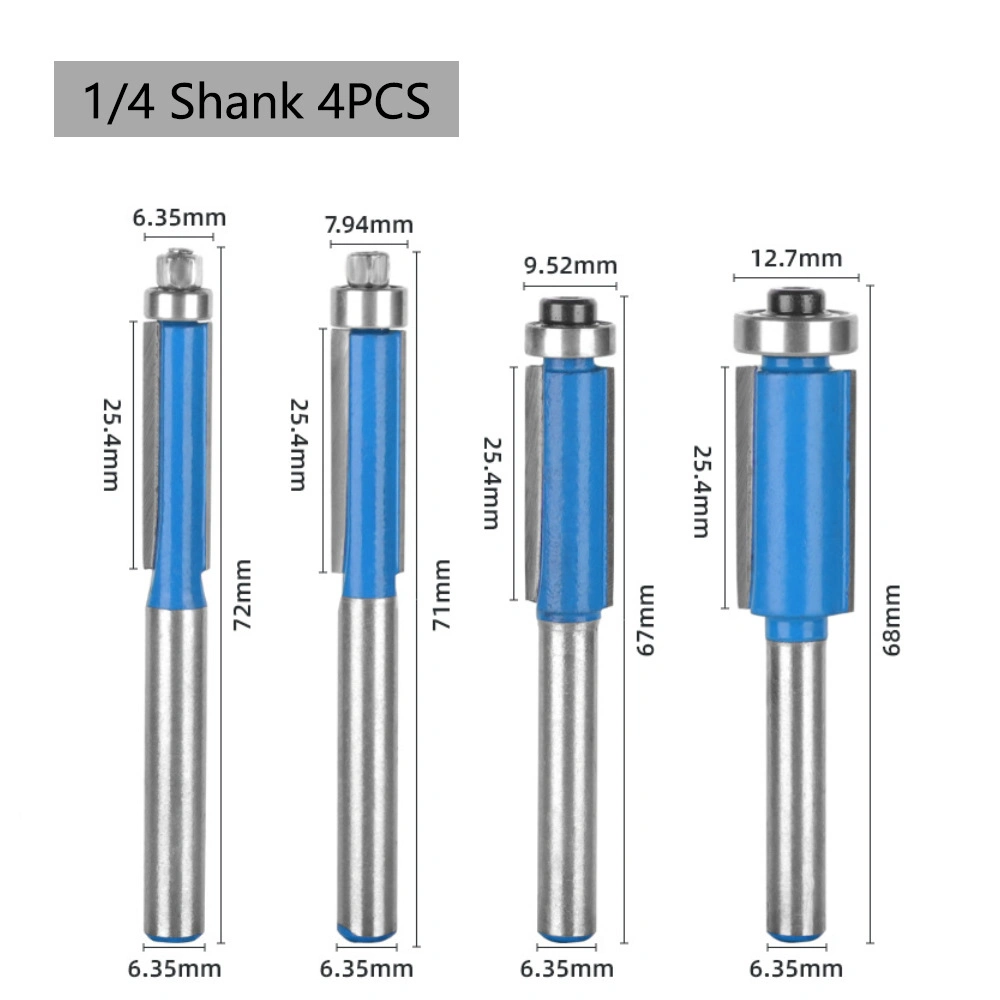 4PCS 1 / 4 Inch Shank Blue Wood Trimmers Router Hard Tungsten Steel Alloy Cutter Woodworking Long Plunge Knife with Plastic Box