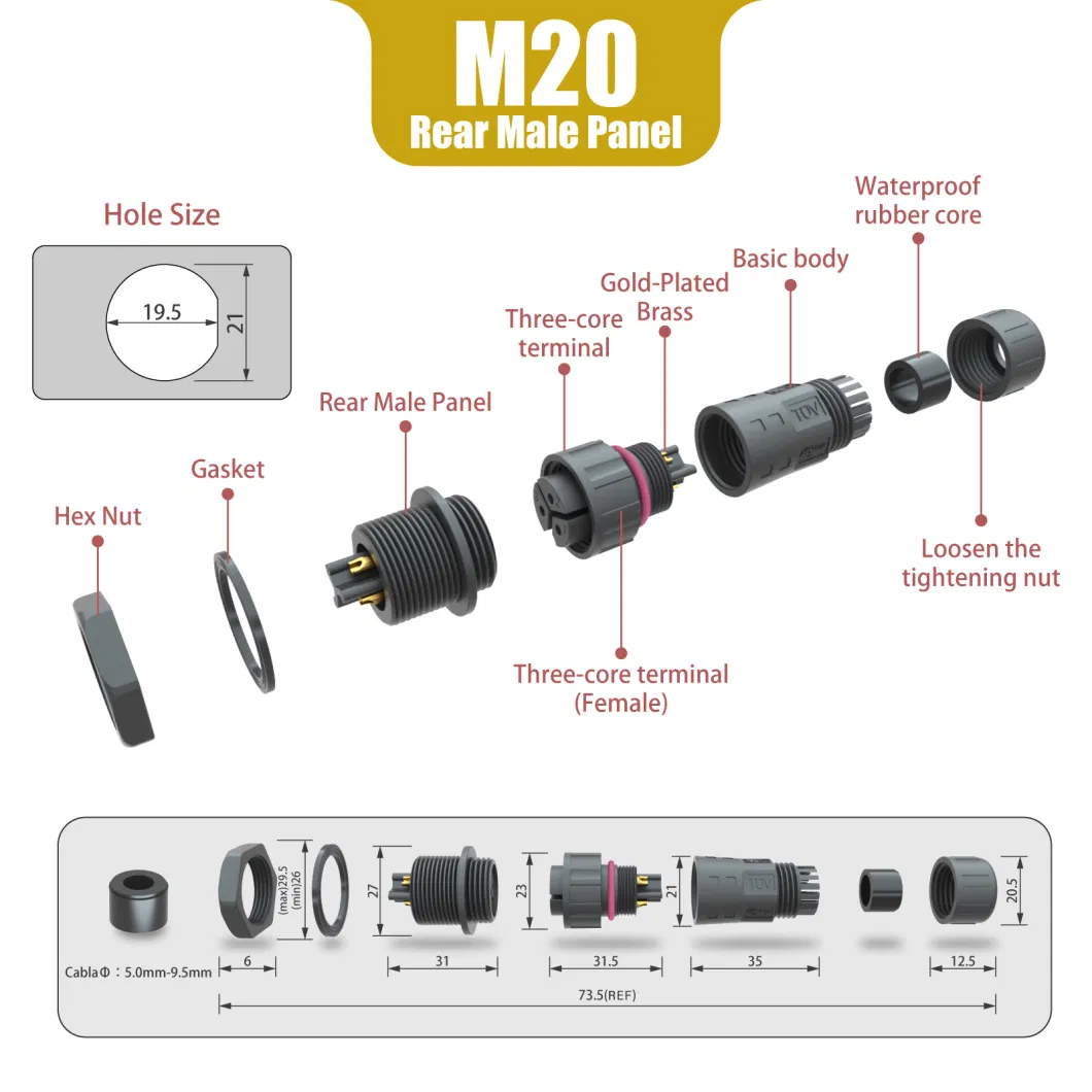 Aohua 8pin Power Signal Electrical Plug M20 Male Pin Panel Connector Wire Connection Solder Wire Way LED Junction Box Panel Receptacle