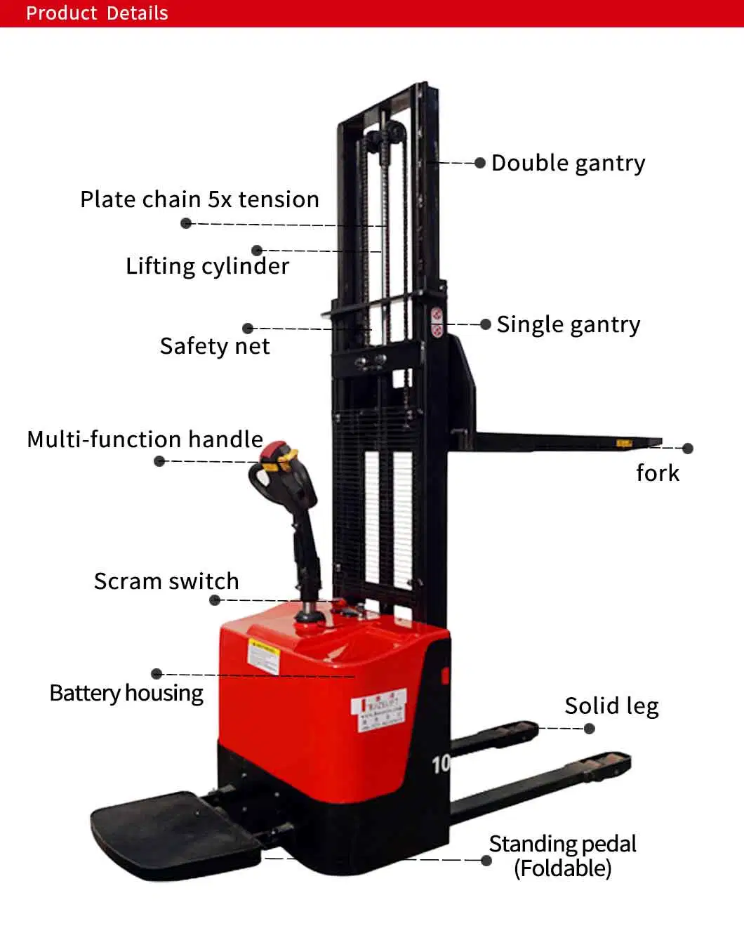 0.5-2t Fully Automated Forklift Walkie Lift Electric Stacker with 1.6m-4m Reach