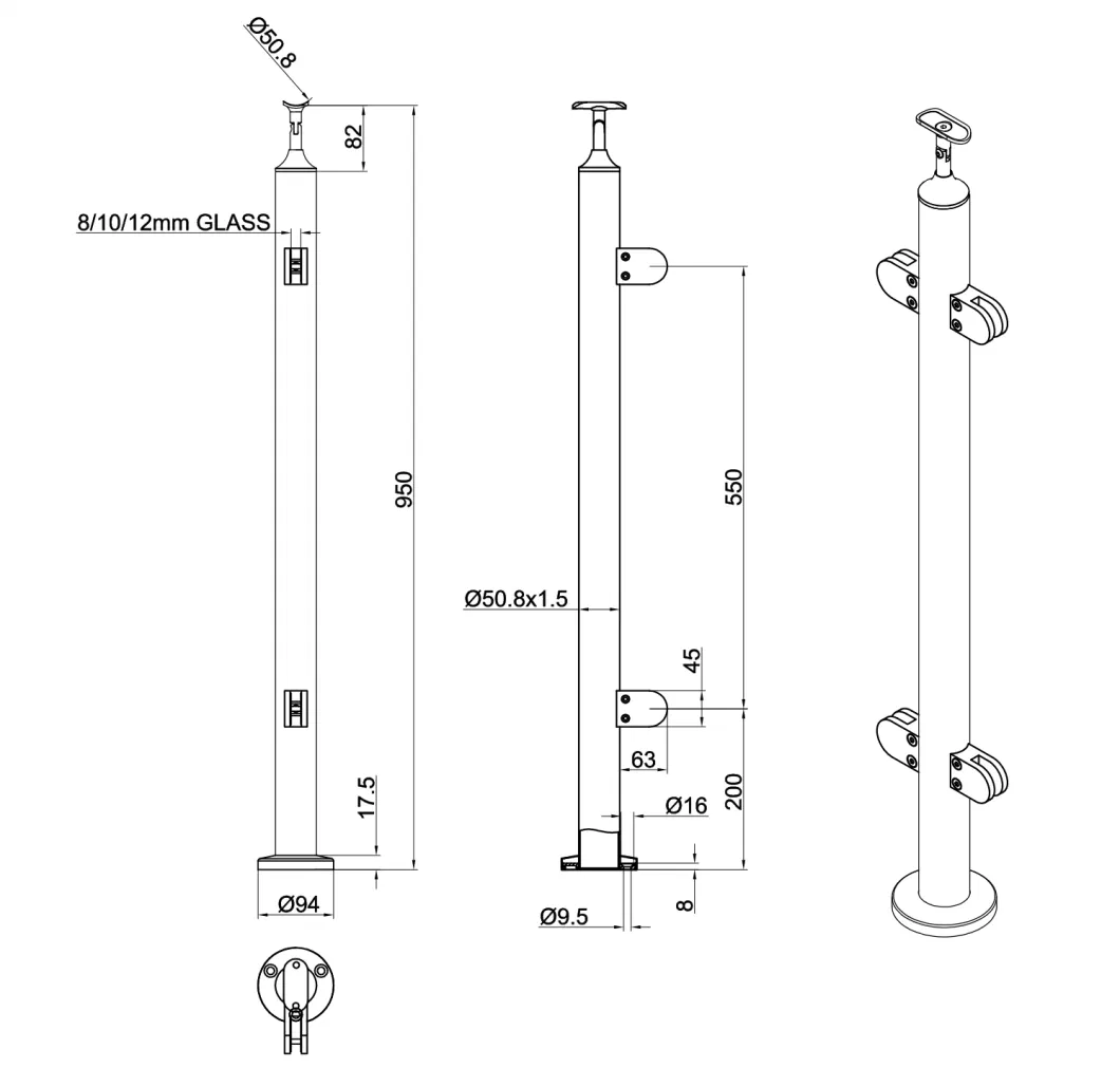 Stainless Steel 304 316 Railing Post Handrail Pillar Glass Balustrade Pole Hardware