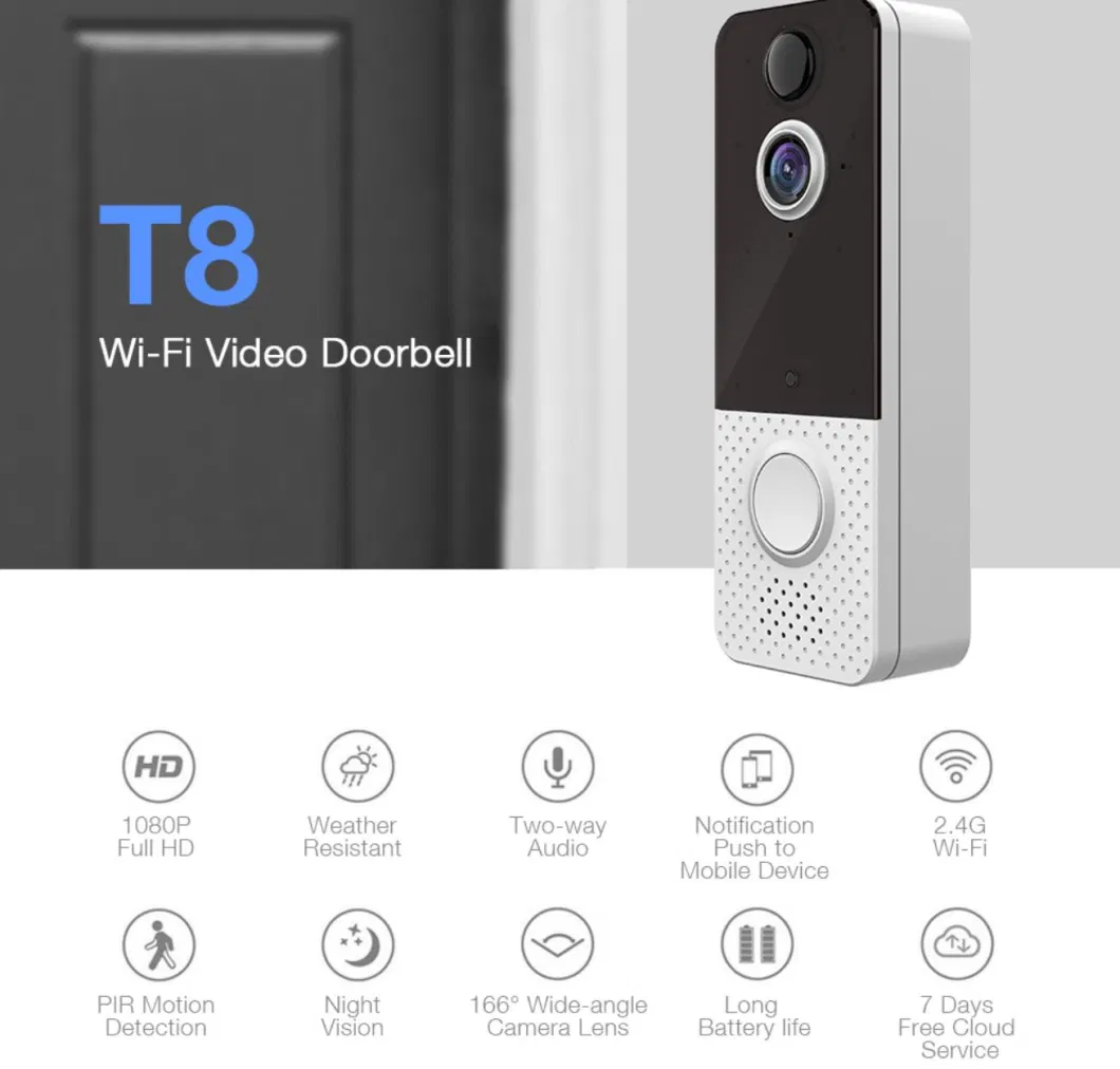 Night Vision Waterproof 166-Degree Wide Angle Lens Low Power WiFi Doorbell