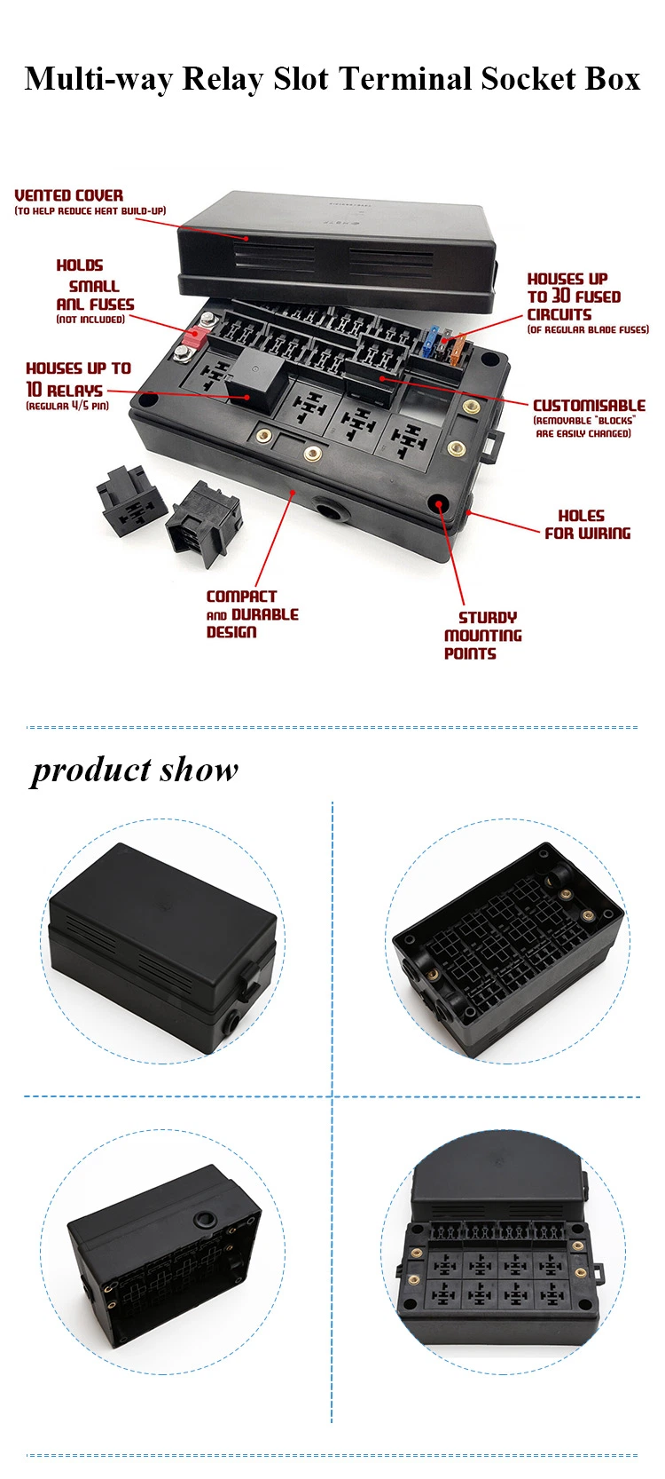 Refitted 12 Slots 12 Way 12V 24V 36V 2 Ans Fuses 8 Pin Relays 12 PCS Atc ATO Standard Blade Fuse Relay Slot Terminal Socket Box