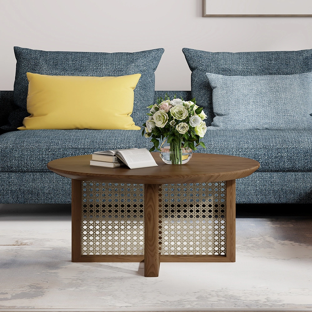 Round Coffee Table with Handmade Rattan Weaving, Angled Leg