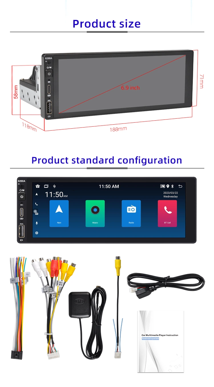 6.9 Inch Touch Screen HD Bt FM MP5 Player Autoradio Support Rear View Camera Carplay Car Audio Stereo Radio Carplayer Android