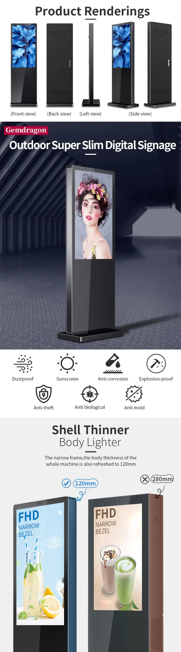 Outdoor 43 Inch Floor Standing LCD Android Ultra-Thin Digital Signage Media Player