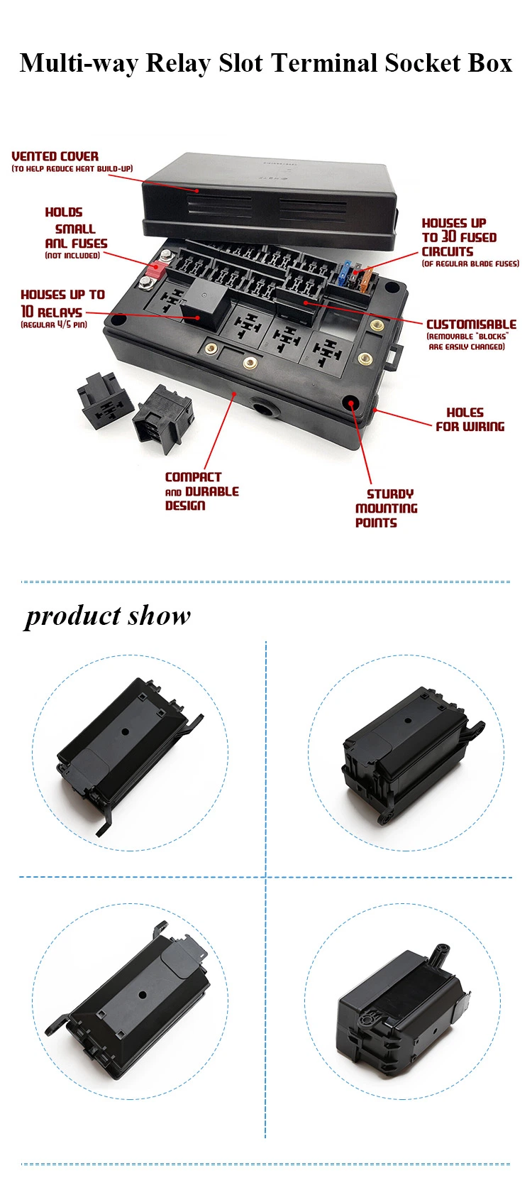 12 Way 6 Slots Customisable Dustproof Fuse Box Relay Module with Terminal Metallic 4 or 5 Pins 6 Fuses 6 Relays for Heavy Duty