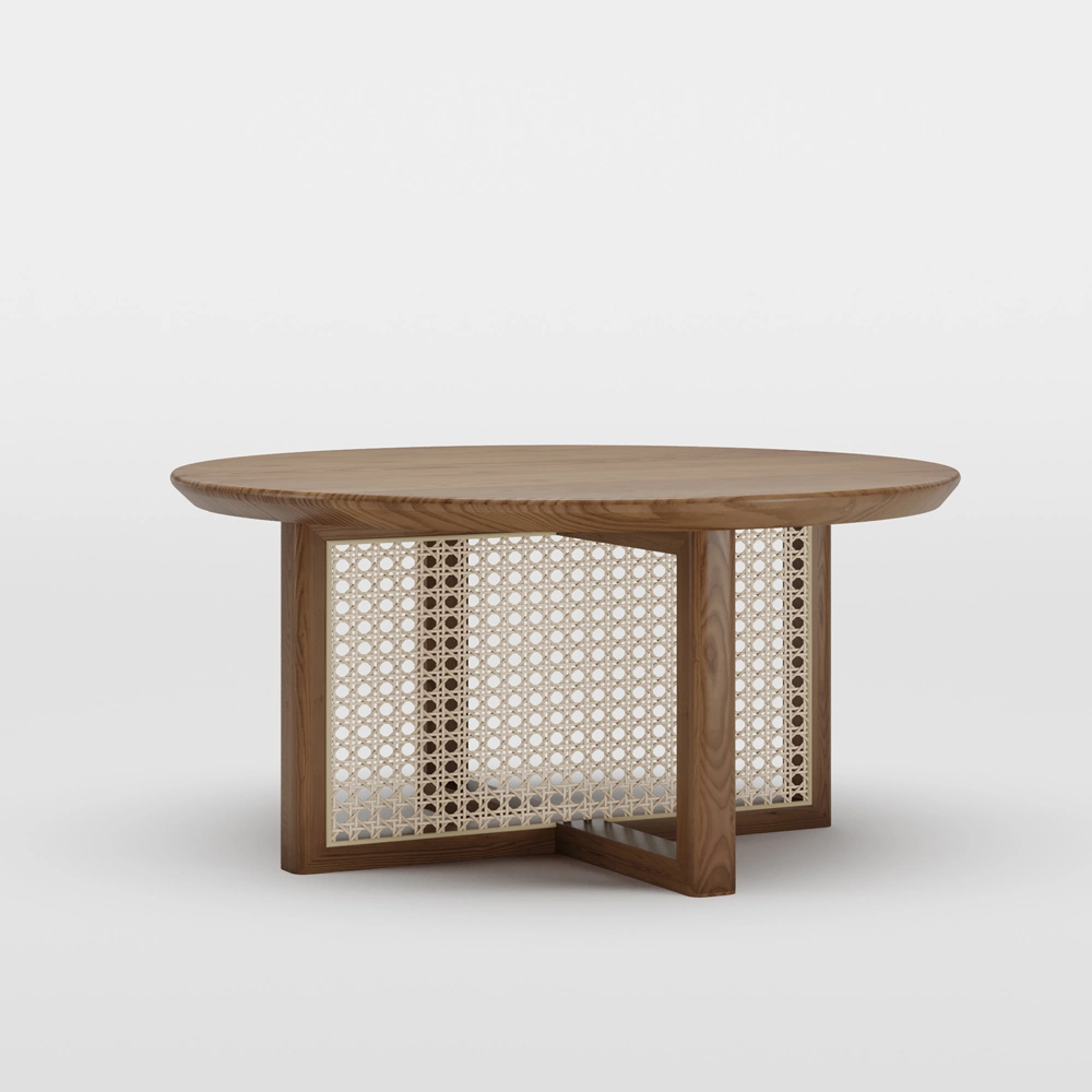 Round Coffee Table with Handmade Rattan Weaving, Angled Leg