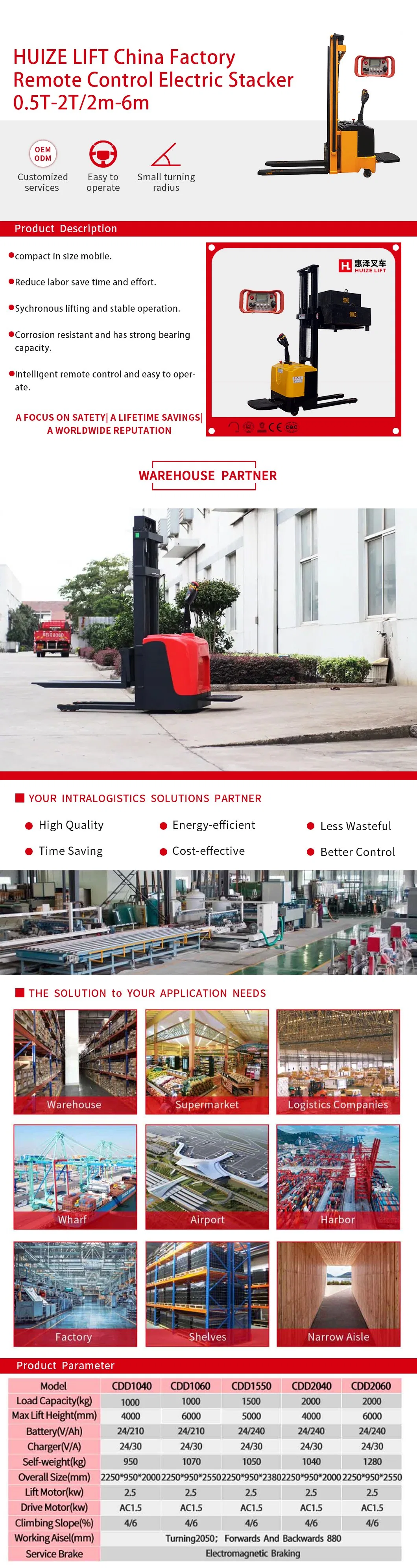 Forklift Supplier 1-3ton 2m-6m Intelligent Full Electric Stacker for Warehouse