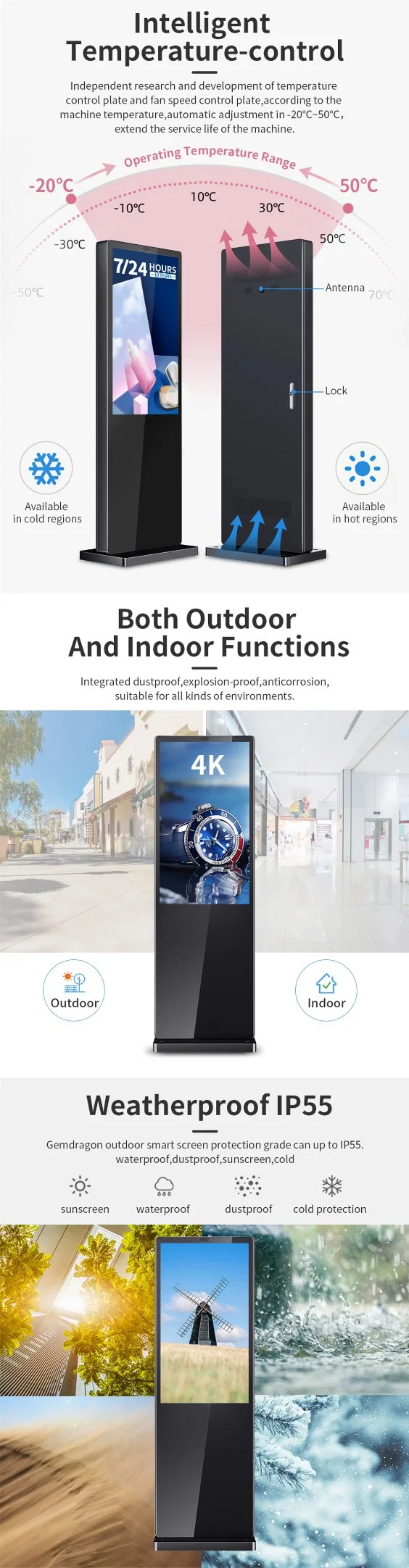 Outdoor 43 Inch Floor Standing LCD Android Ultra-Thin Digital Signage Media Player