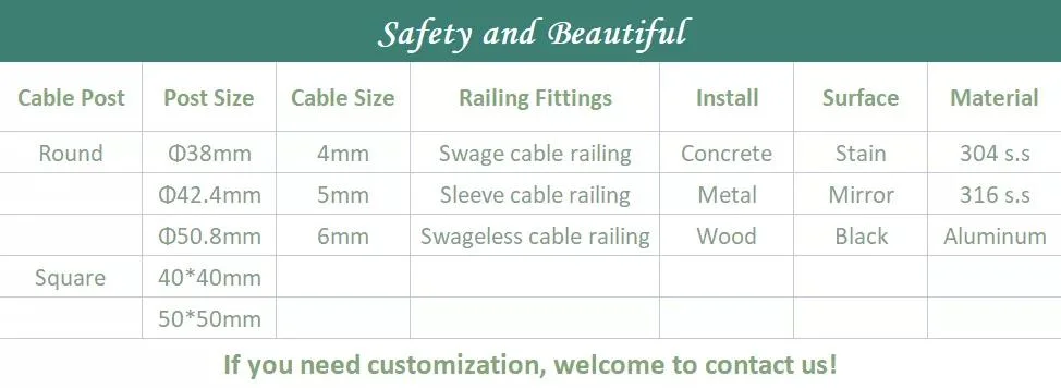 Stainless Steel 304 /316 Cable Stair Railing Side Mount Cable Wire Railing with Powder Coated Square Post