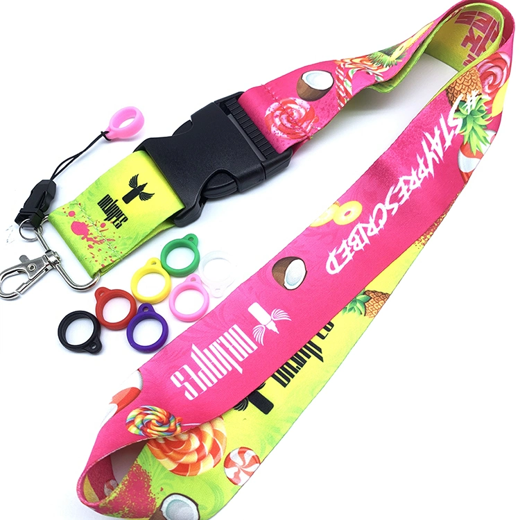 Custom Logo Lanyards Keychain High Quality Promotional Gift Items Giveaway Sets Polyester Full Color Printing Neck Strap Lanyard Pen Holder with Silicone Ring