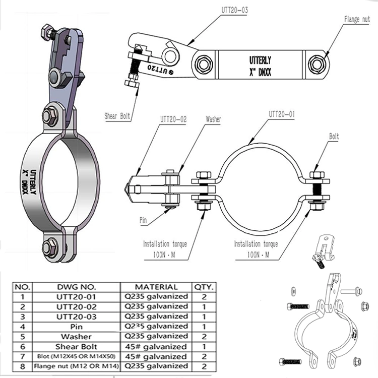 Factory Water/Air/Gas/Mud/Slurry/Oil Duct/Sprinkler Pipe 1-1/2&quot;-10&quot; Universal Sway Brace Lateral/Longitudinal Pipe Clamp