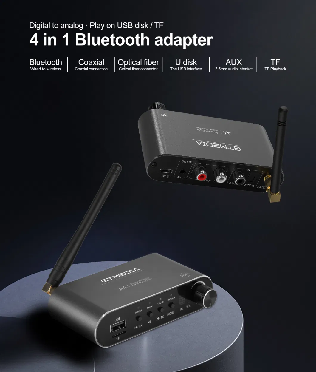 Gtmedia A4 Bluetooth 5.1 Receiver and Transmitter Audio Adapter Coaxial Cable Speaker
