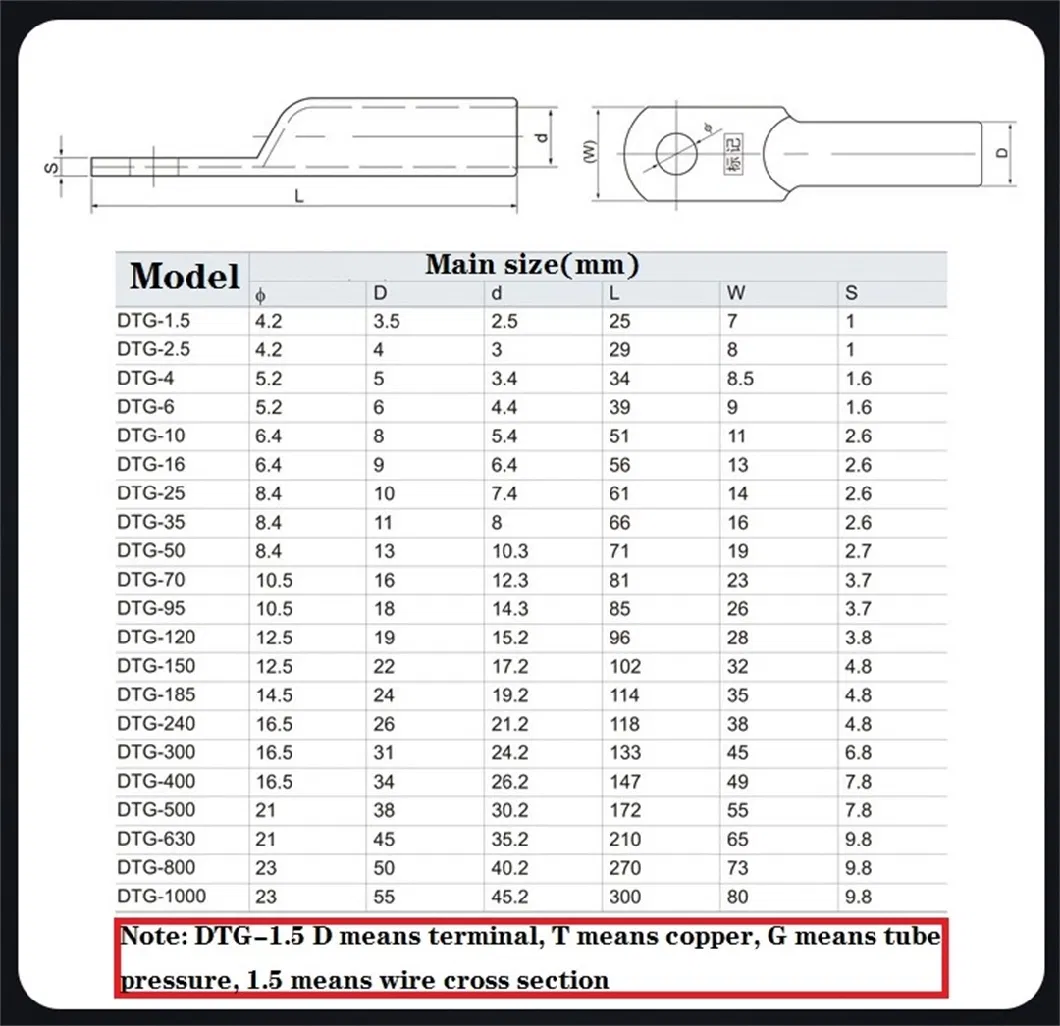 DTG 4-1000mm&sup2; 4.2-23mm Tube Pressed Copper Connecting Terminal Tinned Copper Cable Lug