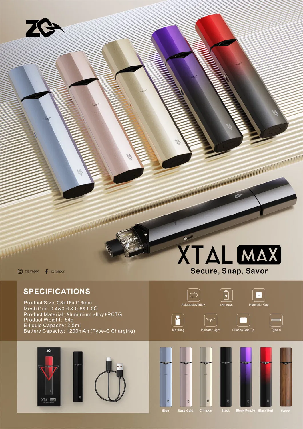 Wholesale High Quality 1200mAh Zq Xtal Max Refillable Vape Pod System 2.5ml