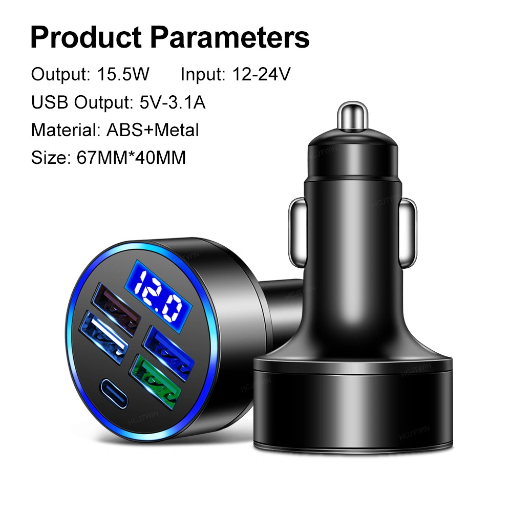 15.5W 5in1 Type-C USB Car Charger with LED Digital Display