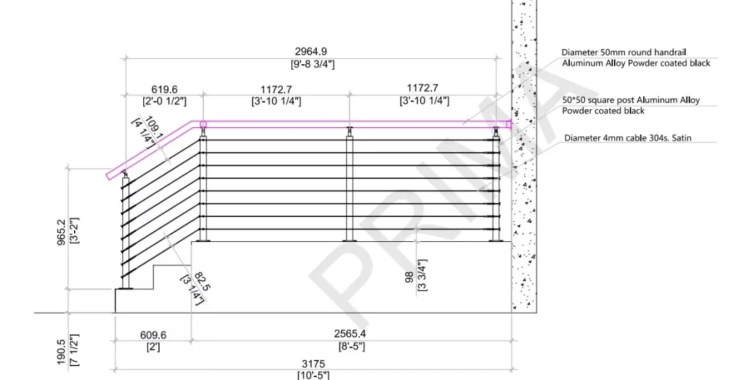 Stainless Steel 304 /316 Cable Stair Railing Side Mount Cable Wire Railing with Powder Coated Square Post