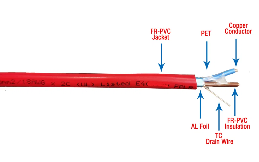 Fire Alarm Cable, Riser-FPLR, 4-14 AWG stranded bare copper conductors with polyolefin insulation, PVC jacket with ripcord