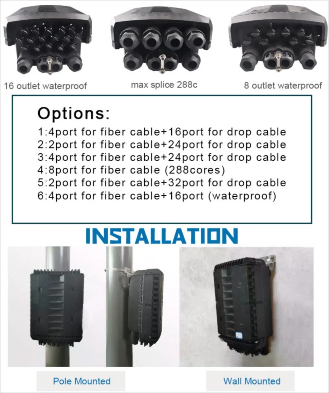 Gcabling Fiber Optic Splice Nap Splitter Distribution Enclosure Box Access Terminal IP68 Fdb Connection Termination FTTH Cable Junction Closure Box