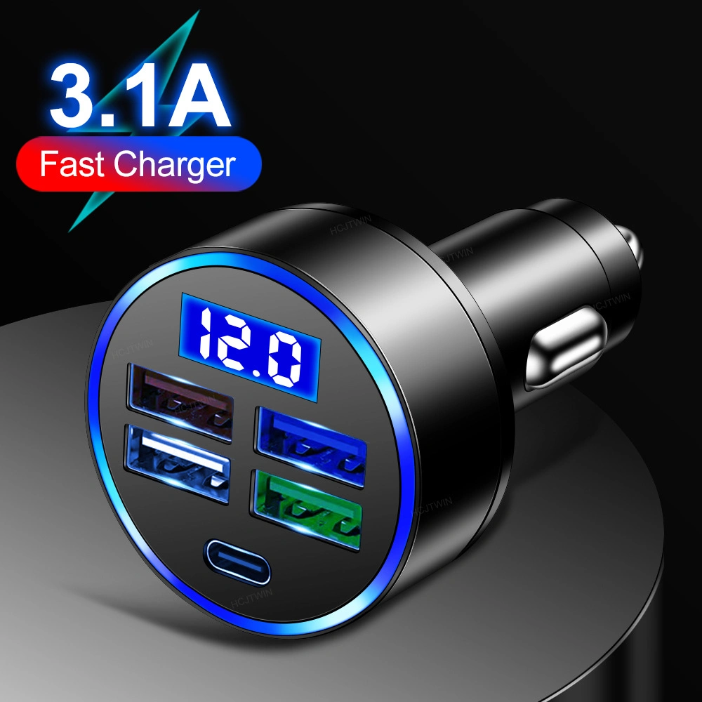 15.5W 5in1 Type-C USB Car Charger with LED Digital Display