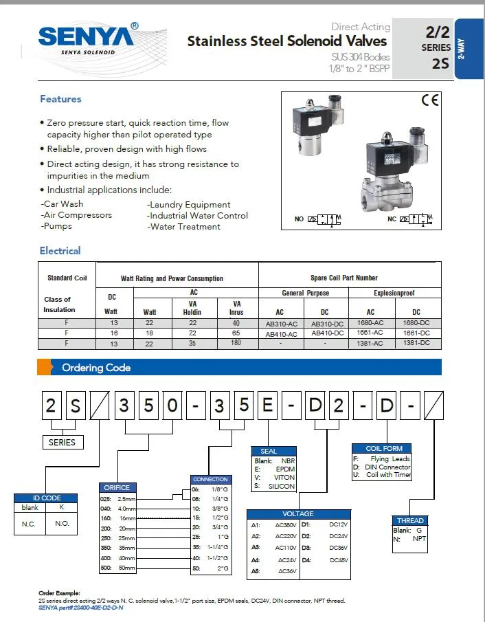 Senya Stainless Steel Easy-Mounting with Water-Proof Cable Solenoid Valve