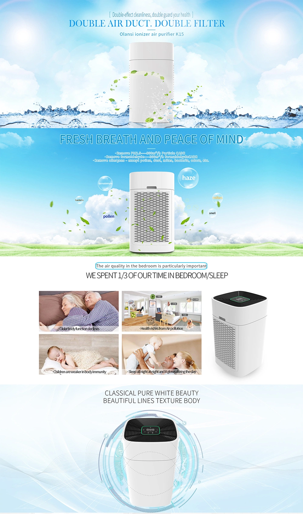 WiFi Control Smart Air Purifier Cylindrical 360 Clean Air Touch Screen Air Cleaner for Home