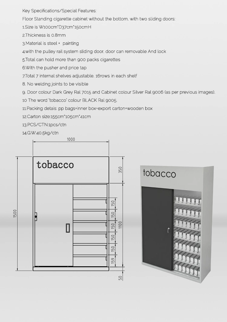 Store Floor Standing Cigarette Storage Display Cabinets with Pushers