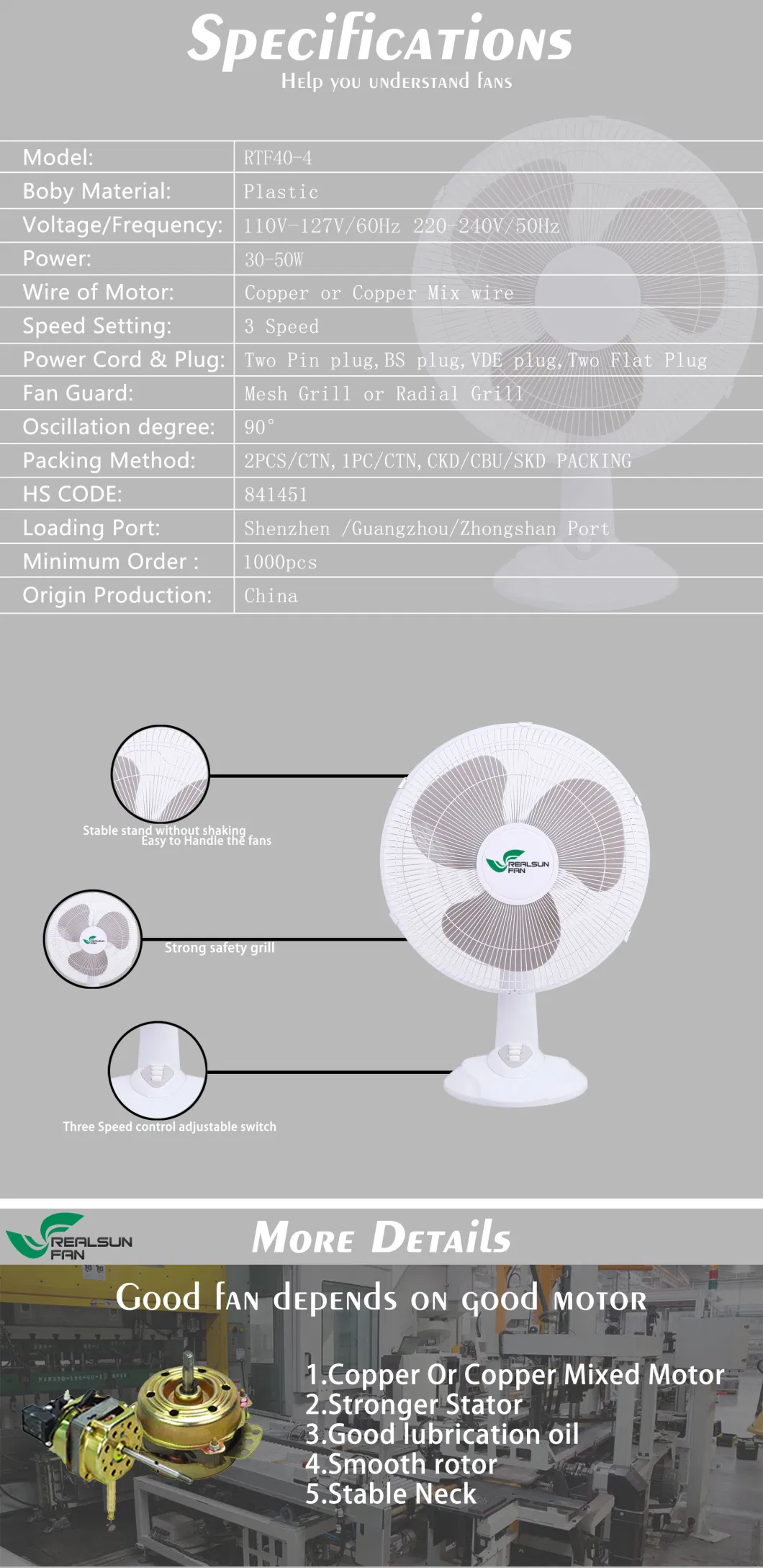 Indoor Home Fan 16inch Oscillation 85 Degrees Without Timer 3 PP Blades Plastic Table Fan Desk Fan