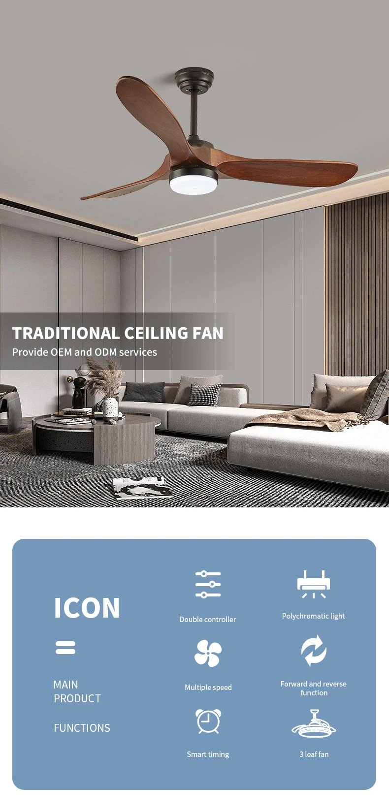 52 Inch Solid Wood Blade Remote Control Ceiling Fan Without Light