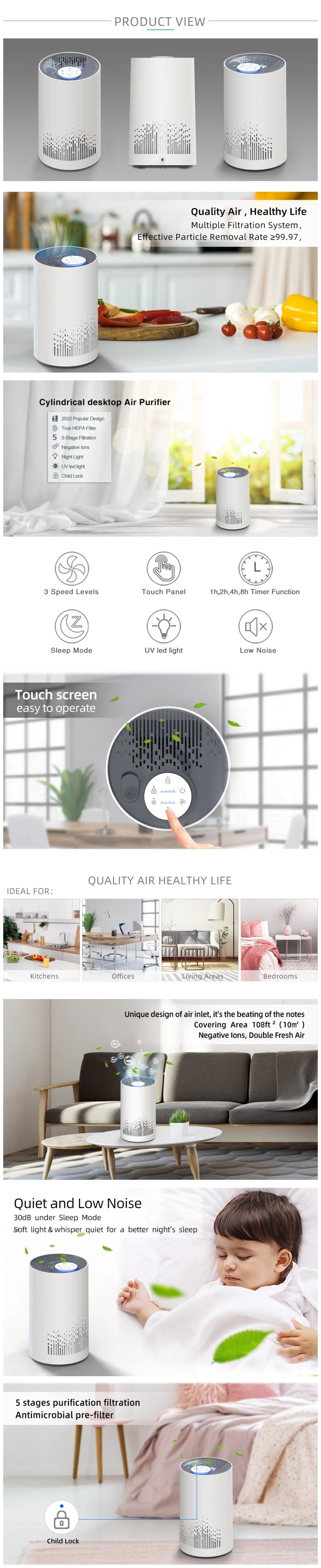 CE Approved Timer RoHS Appliance Smart Wholesale with HEPA Filter Small Home Air Purifier OEM