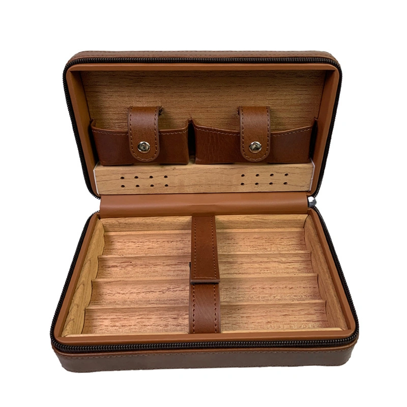 Ea344 Manufacturer Luxury Accessory Cedar Wood Travel Humidor Leather Case Wholesale Logo Storage Custom Cigar Box
