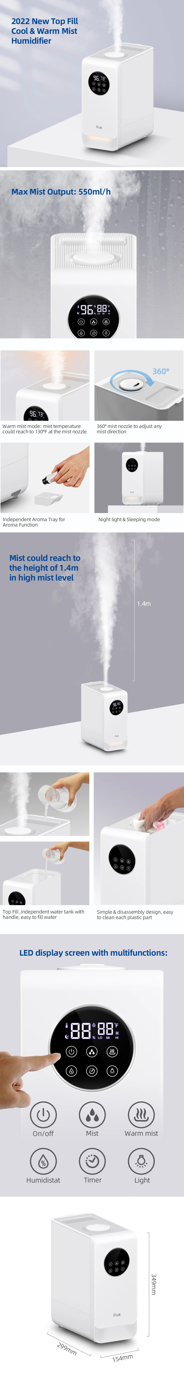 Go-2265ah Hybrid Humidifier Cool and Warm Mist Humidifier Large Capacity 6.5L Night Light LED Aromatherapy Smart WiFi Humidifier