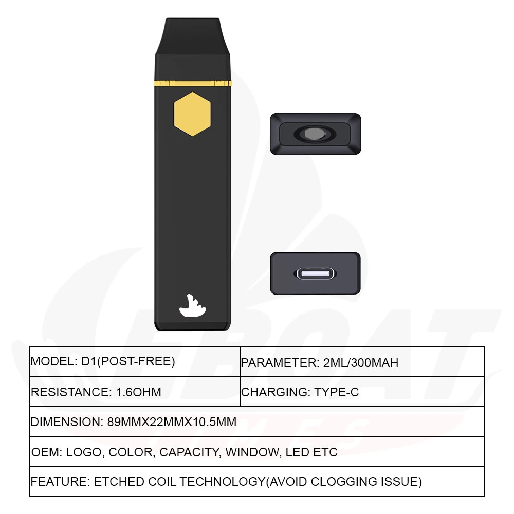 OEM/ODM 1ml 2ml Empty E-Cigarette Etched Heating Vape Pen Cartridge Built in One D8 D9 Disposable Vape Pod Device