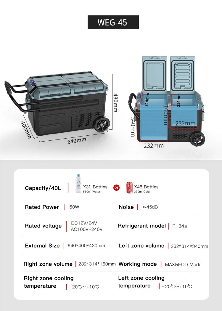 Yunlei Weg-45 DC: 12-24V AC: 100-240V 40L Car Refrigerator with Dual Temperature Contro Digital Display and Trolley Handle