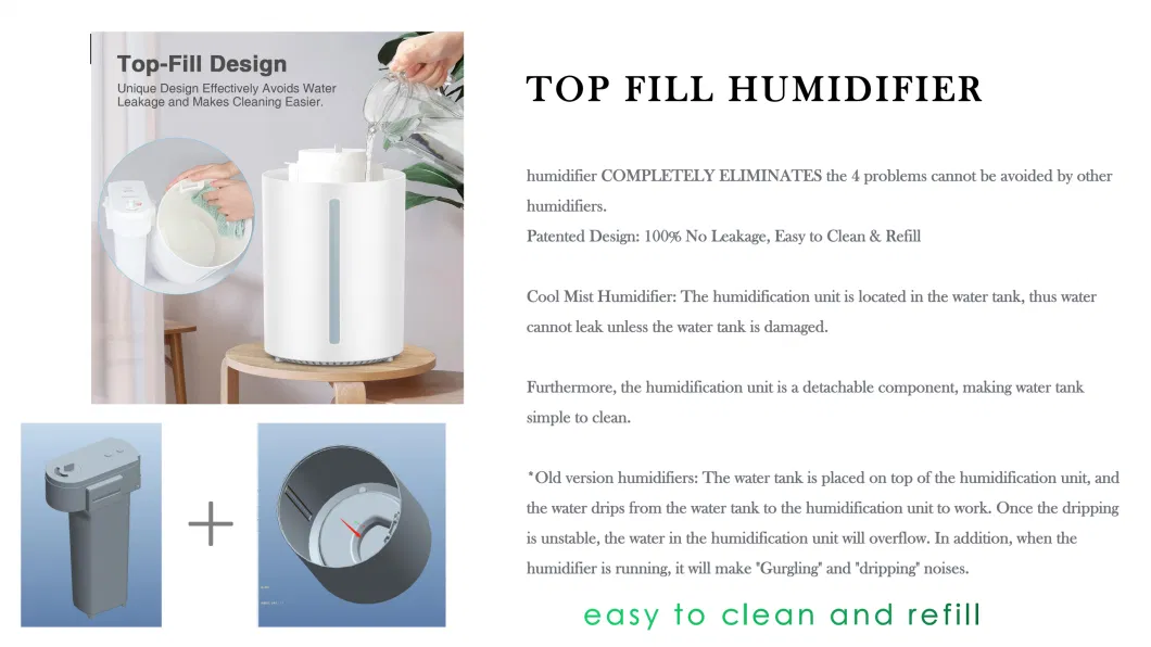 UV Degerming New Design Humidifier Top Filling Water Humidfier with Smart Auto-Humidification