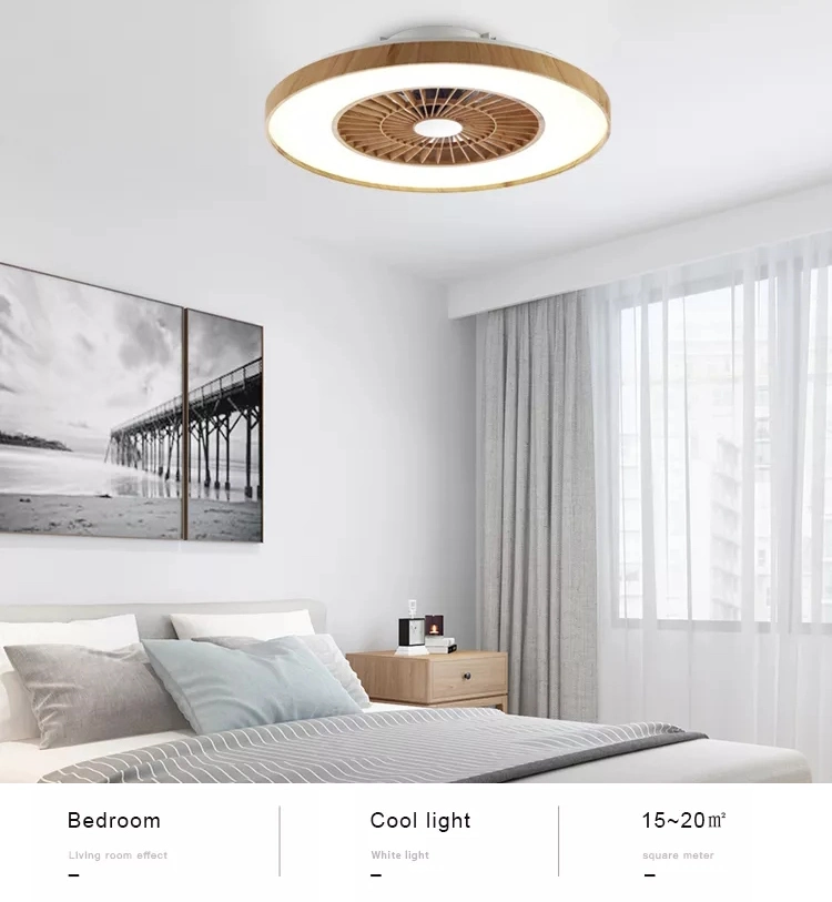 Residential New Design Wooden Effect Frame Smart Control Dimming LED Ceiling Fan with Light for Room