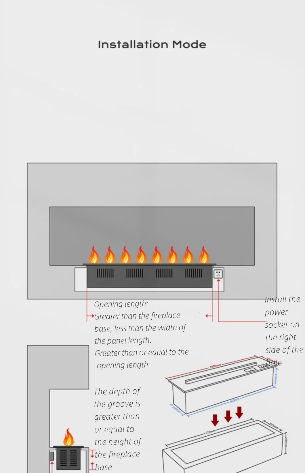 Factory Direct Living Room Black LED Display Glass Wall Mounted Decorative Electric Fireplace