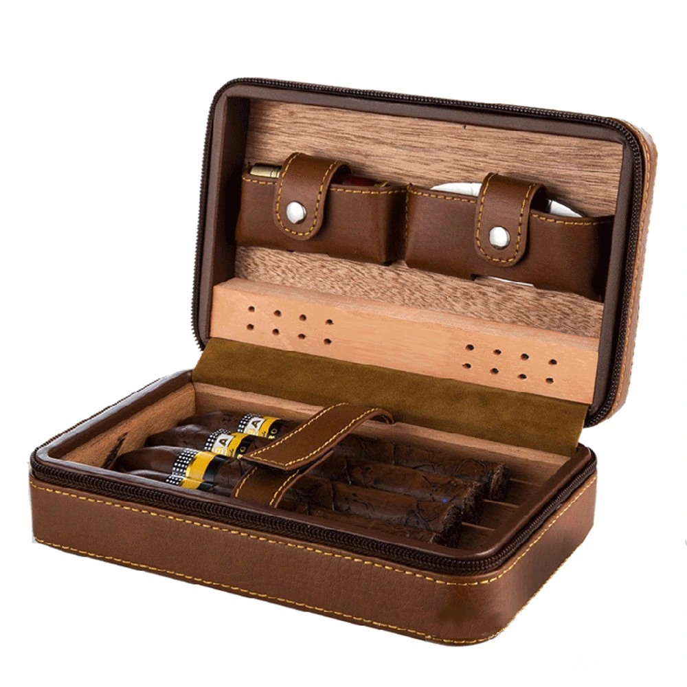 High-End Custom Exquisite Leather Humidor Storage Packaging Box Travel Portable with Zipper