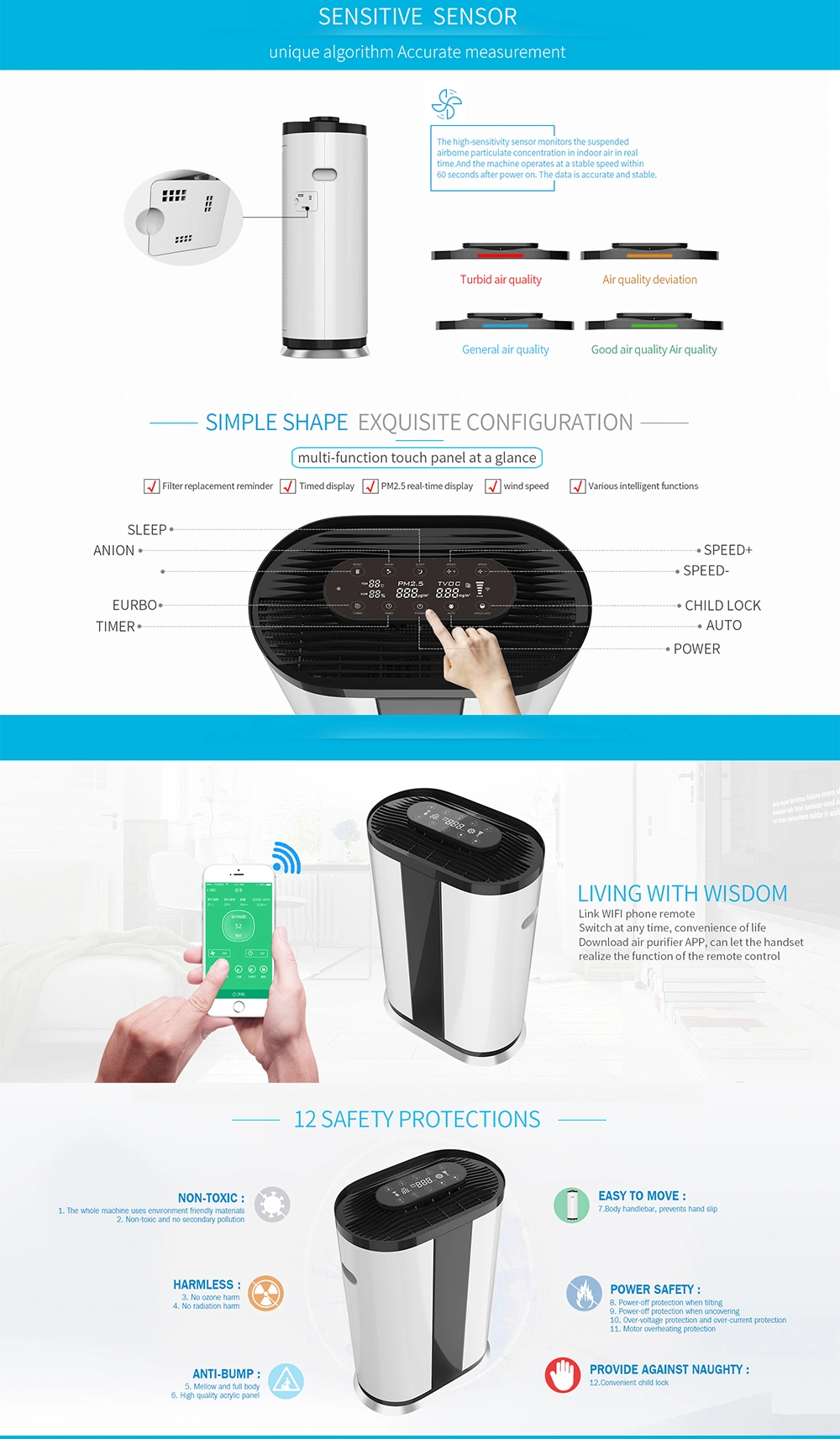 Large Room HEPA H13 Fliter Air Purifier Portable Air Cleaner with Smart WiFi Control