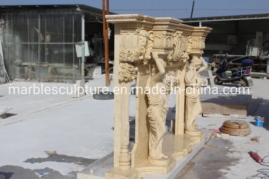 Column Lady Statue Carved Marble Fireplace with Flowers (SY-MF178)