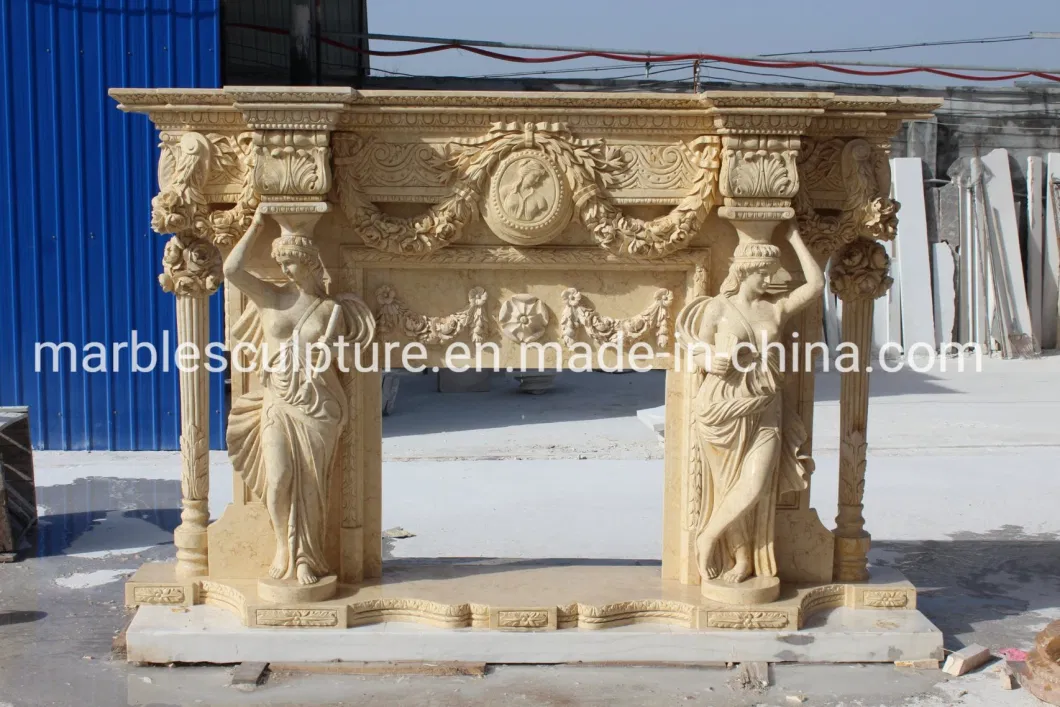 Column Lady Statue Carved Marble Fireplace with Flowers (SY-MF178)